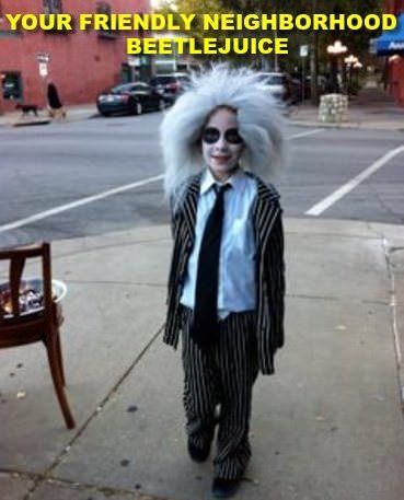 Halloween Jokes For Kids: Funny photo of kid in costume with caption: "Your friendly neighborhood Beetlejuice."