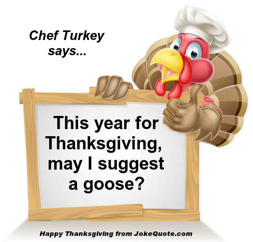 Thanksgiving Humor: Image of cartoon "Chef Turkey" holding a placard with caption: "This Thanksgiving may I suggest a goose?" Happy Thanksgiving from JokeQuote.com