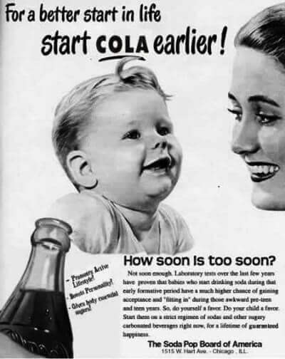 Mothers Day Jokes: Ad poster with image of mom, baby and headline: "For a better start in life, start Cola earlier."