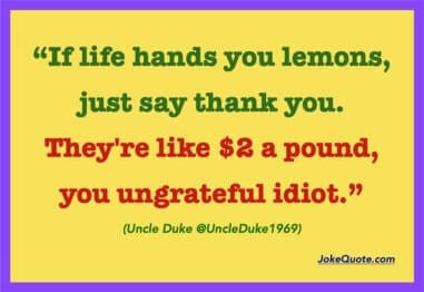 Banner with funny quote about life "If life hands you lemons, just say thank you. They're like $2 a pound you ungrateful idiot."
- Uncle Duke