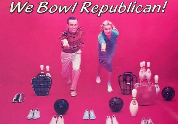 Republican Jokes: Photo of a couple bowling, with the caption "We Bowl Republican!"