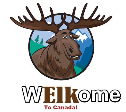 Image and funny Canadian Saying Cartoon of smiling moose with caption spelled this way: "Welkome to Canada!"