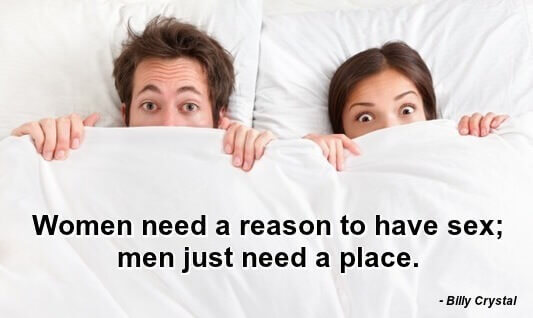 Funny sex quotes: photo of two people in bed looking at camera, with sheet covering half their faces. Caption: 